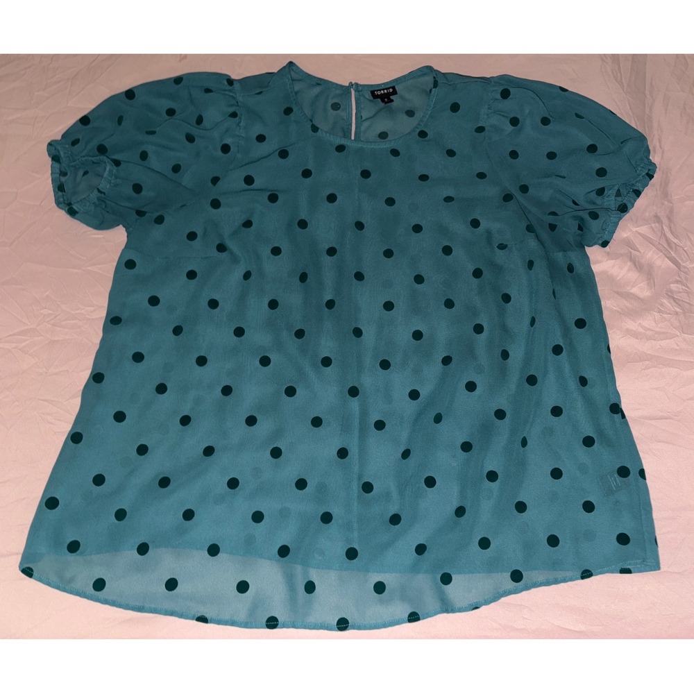 Torrid Plus Size Dark Green‎ Polka Dot Puff Sleeve Chiffon Flowy Blouse, 2/2X